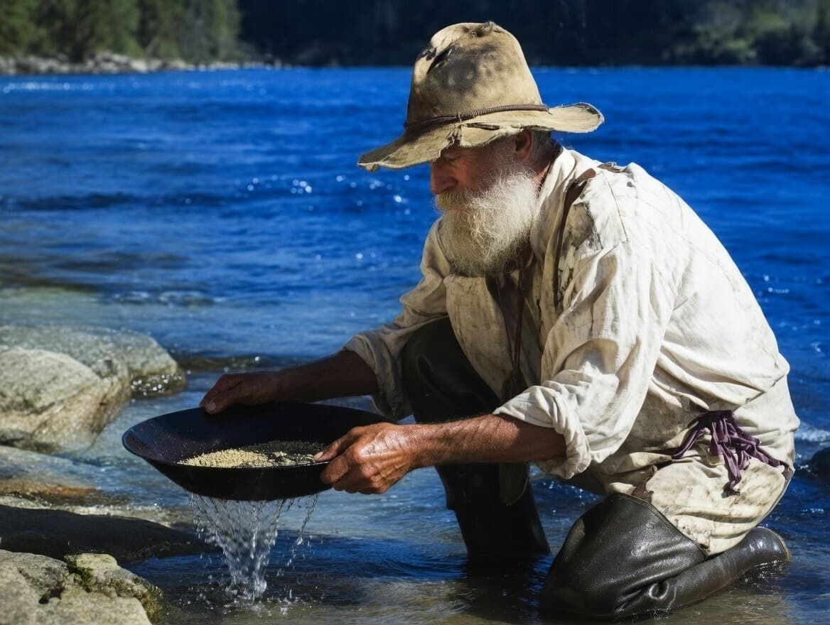 A prospector kneeling by a river, sifting gold from sand with his hands.