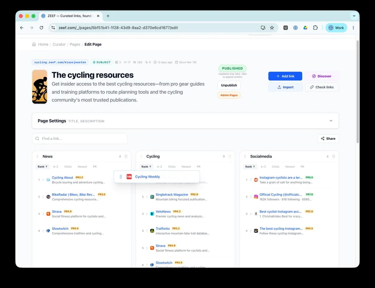 Editor with a link being dragged between two categories