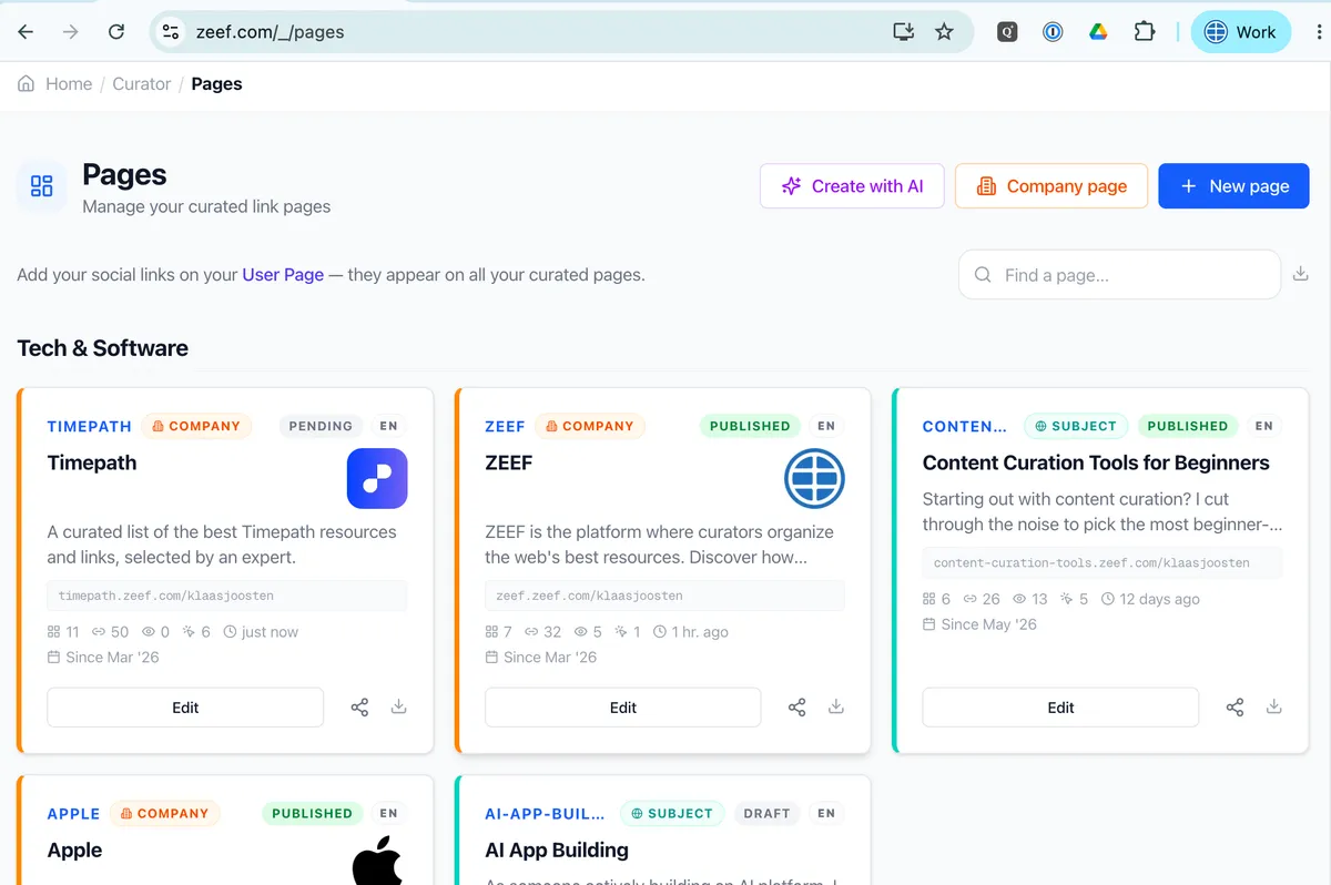 Pages overview showing pages with draft, under review, and published status badges